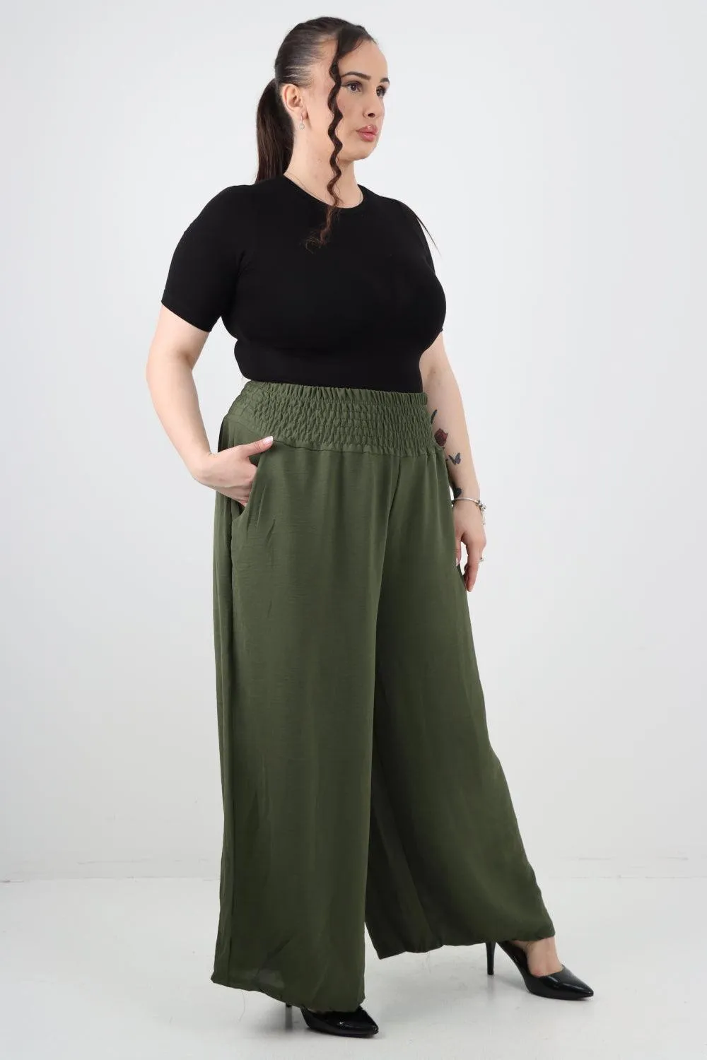 Shirred Waist Side Pockets Trouser