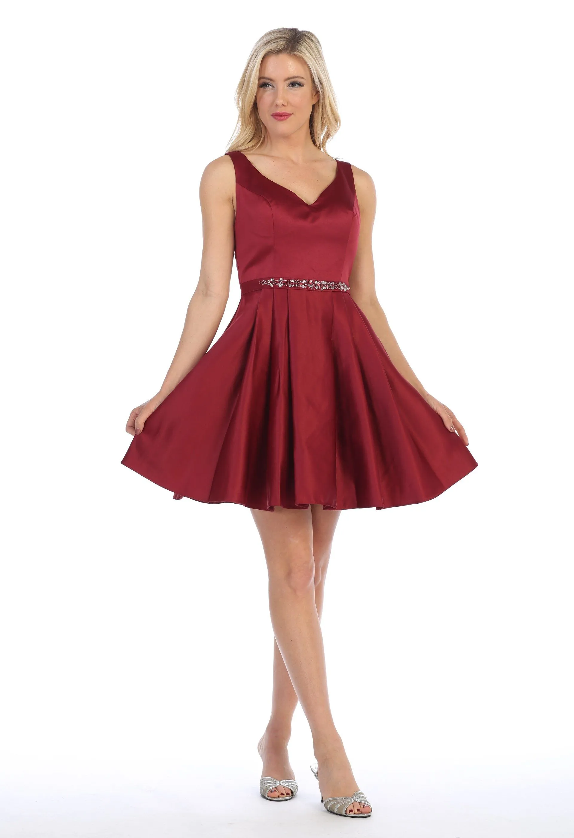 Short V-Neck Dress with Box Pleated Skirt by Celavie 5018