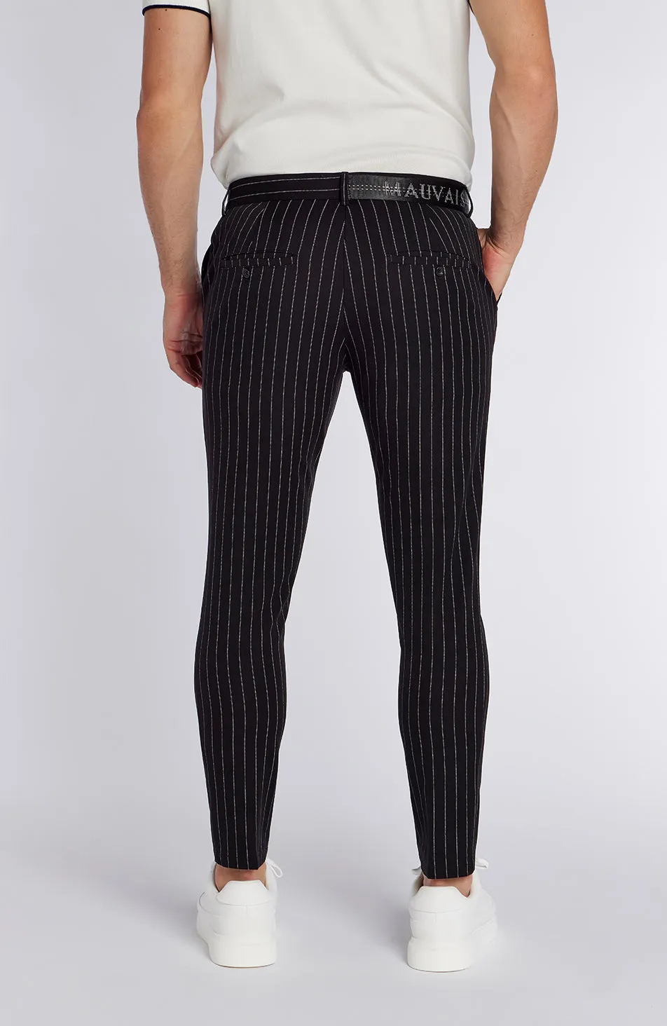 Signature Half Belt Pants in Black Pinstripe