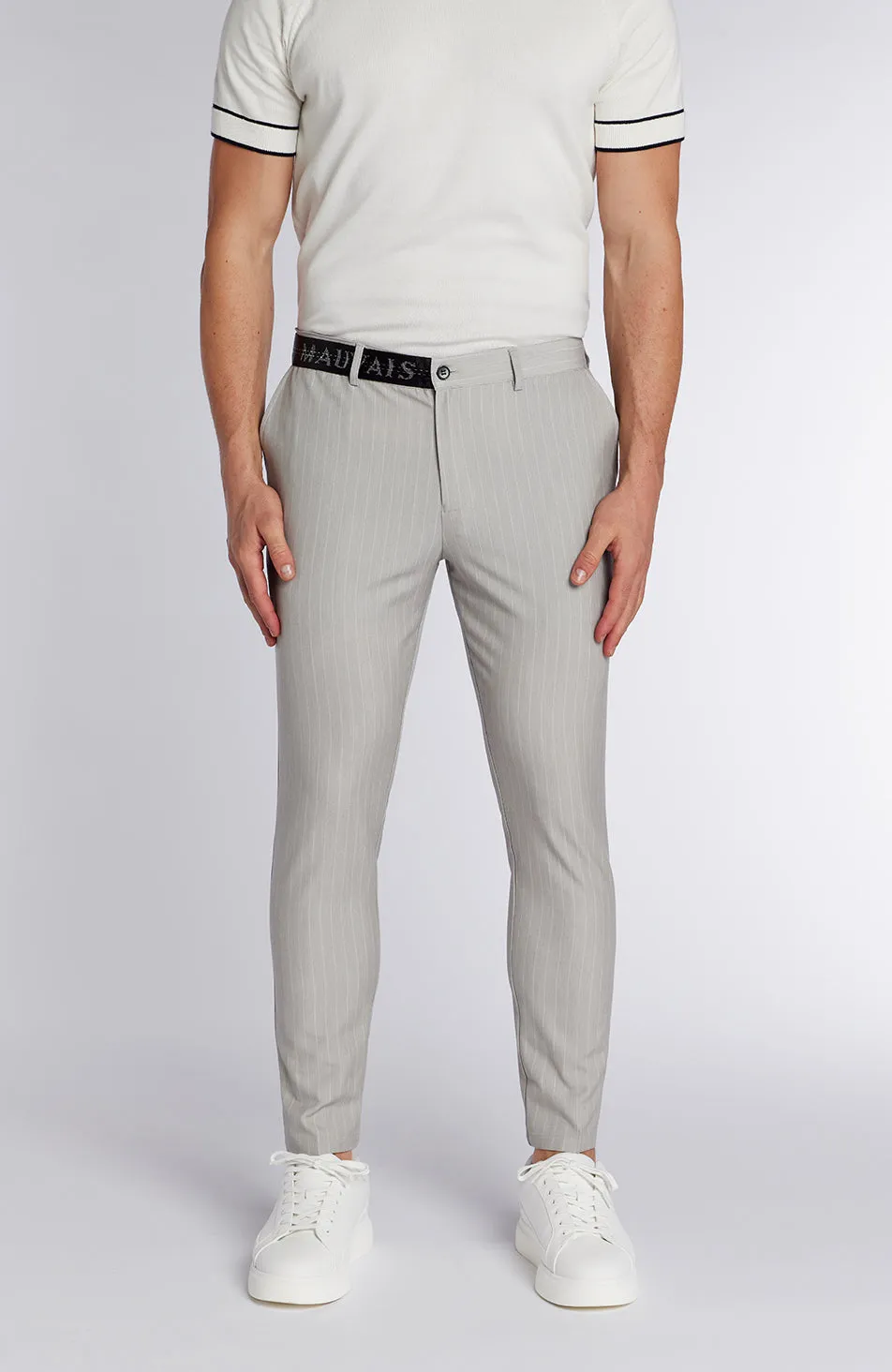 Signature Half Belt Pants in Grey Pinstripe