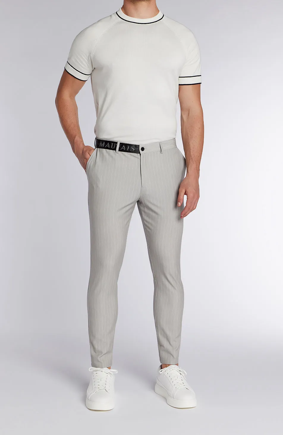 Signature Half Belt Pants in Grey Pinstripe