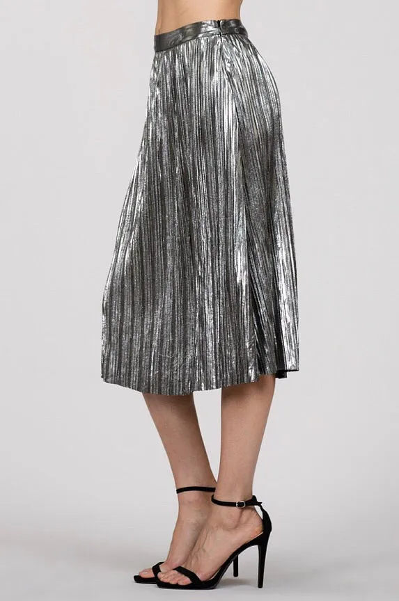 Silver Metallic Pleated Skirt