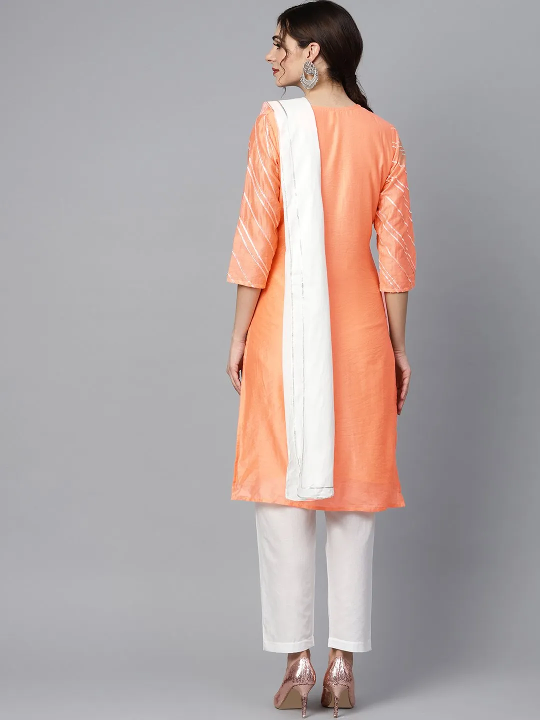 Solid Peach Gota Detailing Straight Kurta And Solid Off White Pants  With Gota Detailing Off White Mul Dupatta