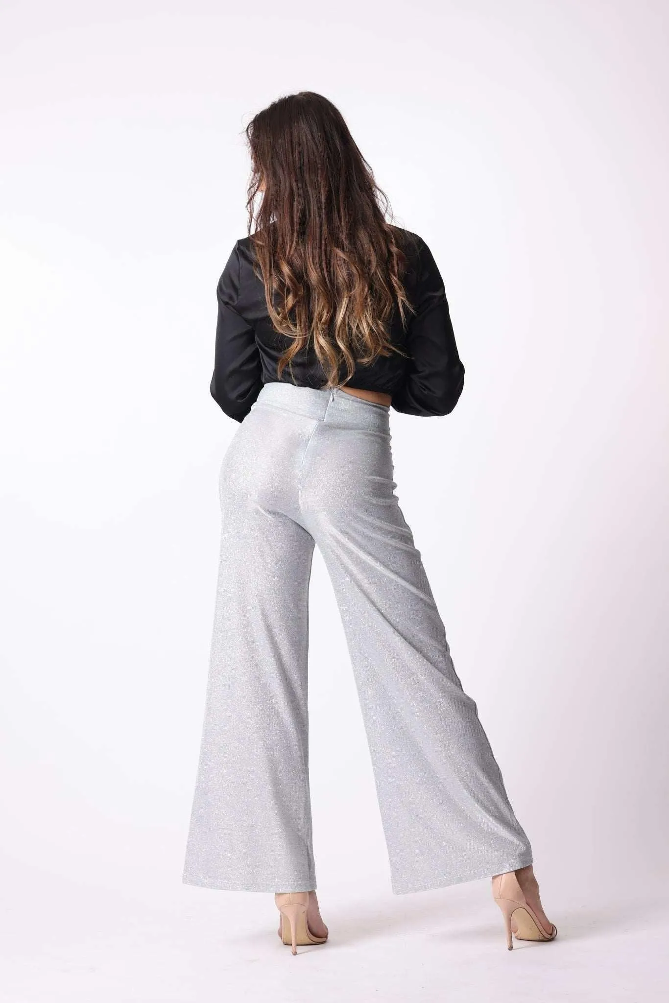 Sparkly Wide Leg Trousers in Silver