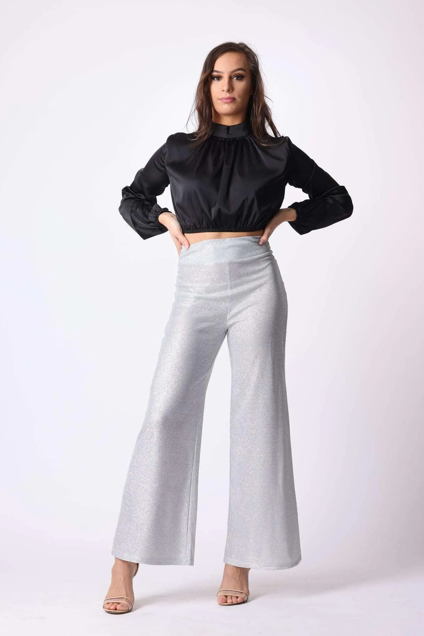 Sparkly Wide Leg Trousers in Silver