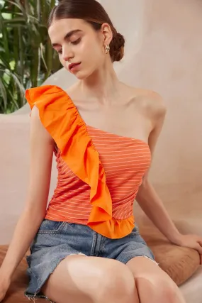 Striped Ruffle One Shoulder Top