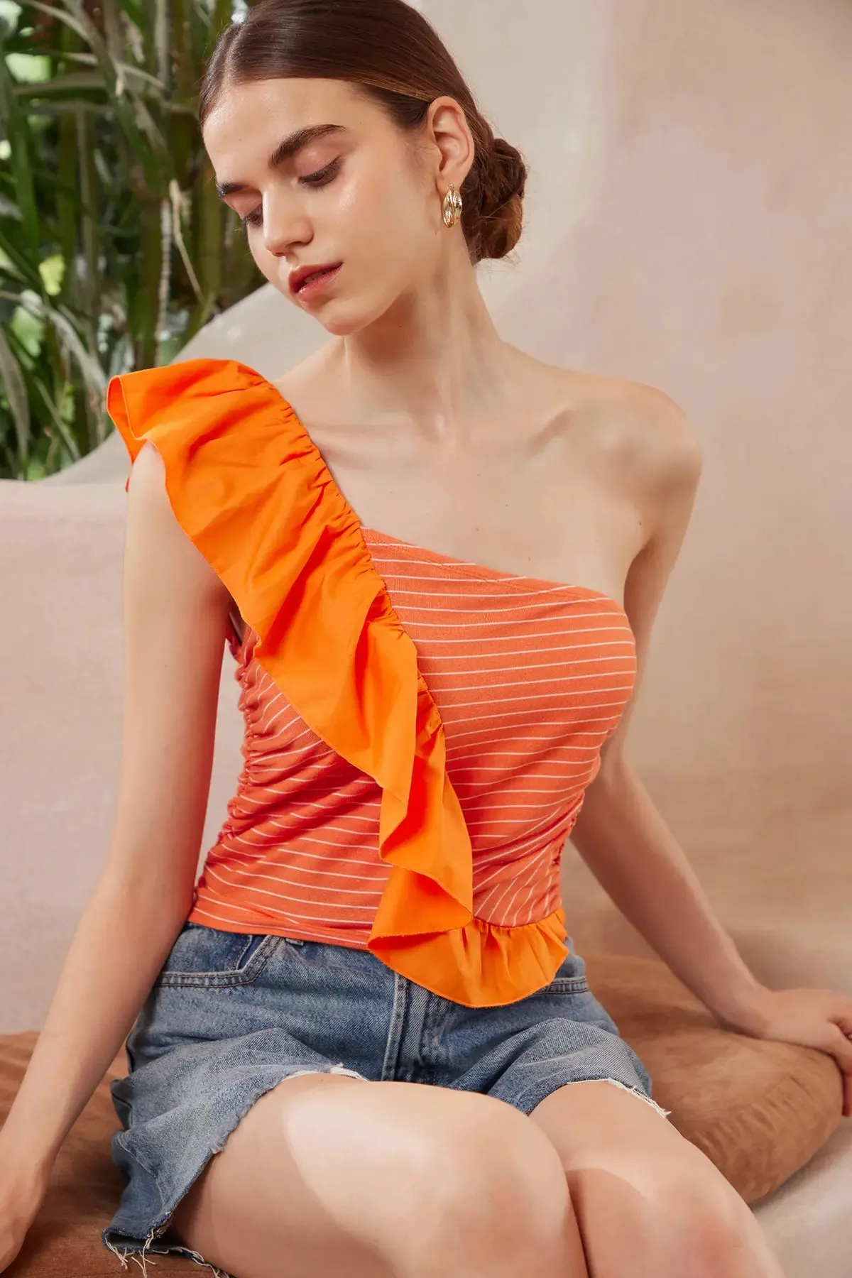 Striped Ruffle One Shoulder Top