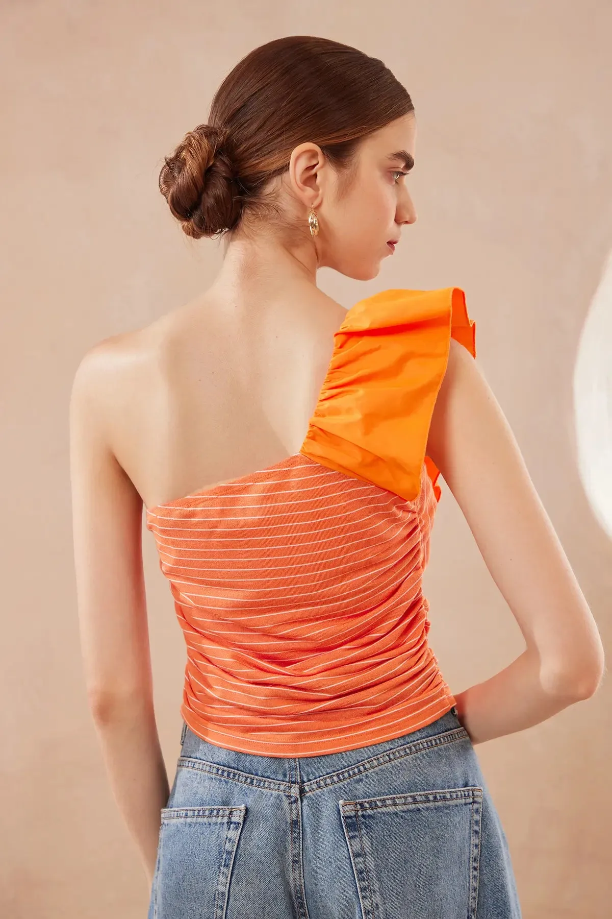 Striped Ruffle One Shoulder Top