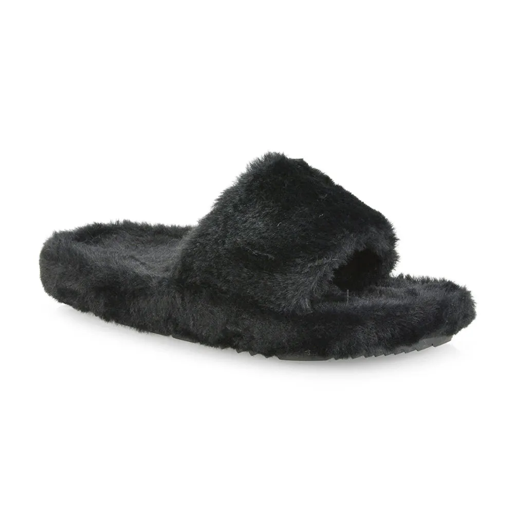 Tally Flat Fluffy Faux Fur Thick Front Strap Slider Women???s Slippers in Black