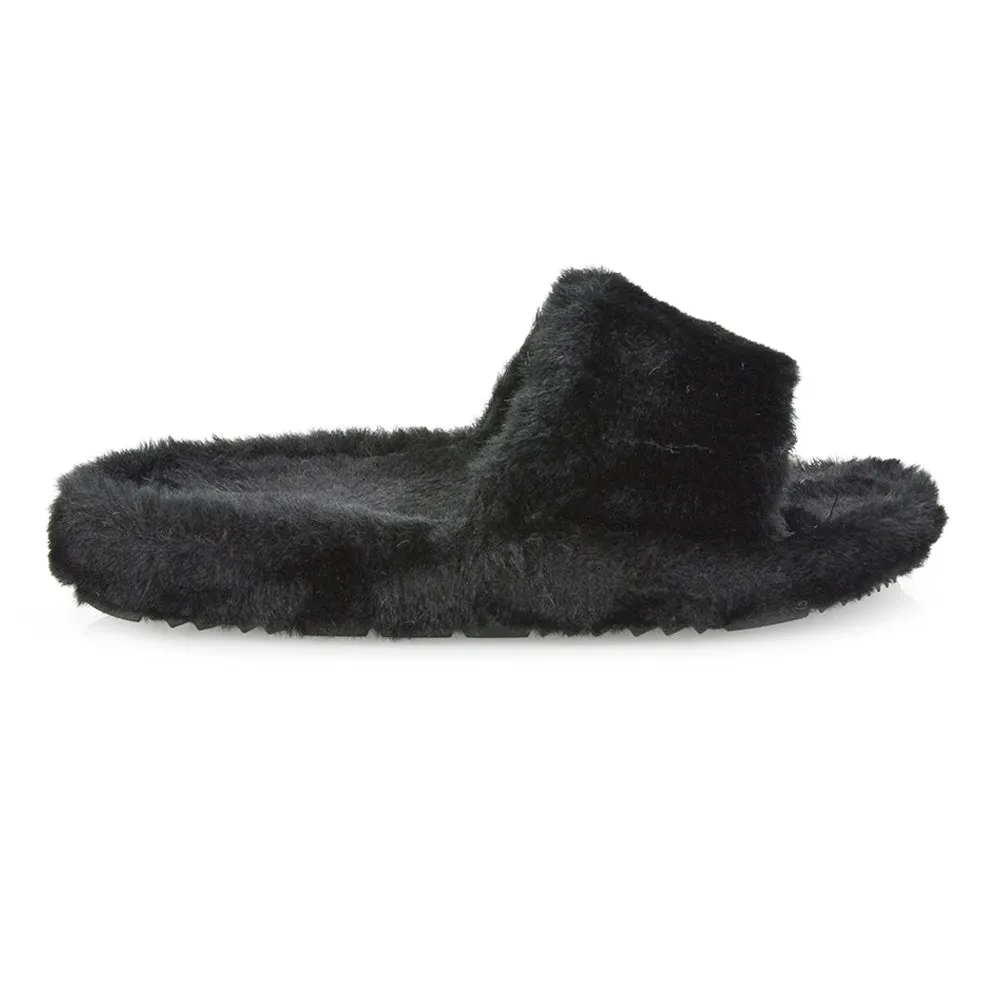 Tally Flat Fluffy Faux Fur Thick Front Strap Slider Women???s Slippers in Black