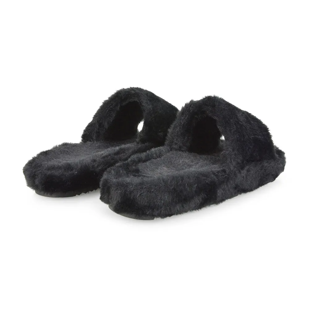 Tally Flat Fluffy Faux Fur Thick Front Strap Slider Women???s Slippers in Black