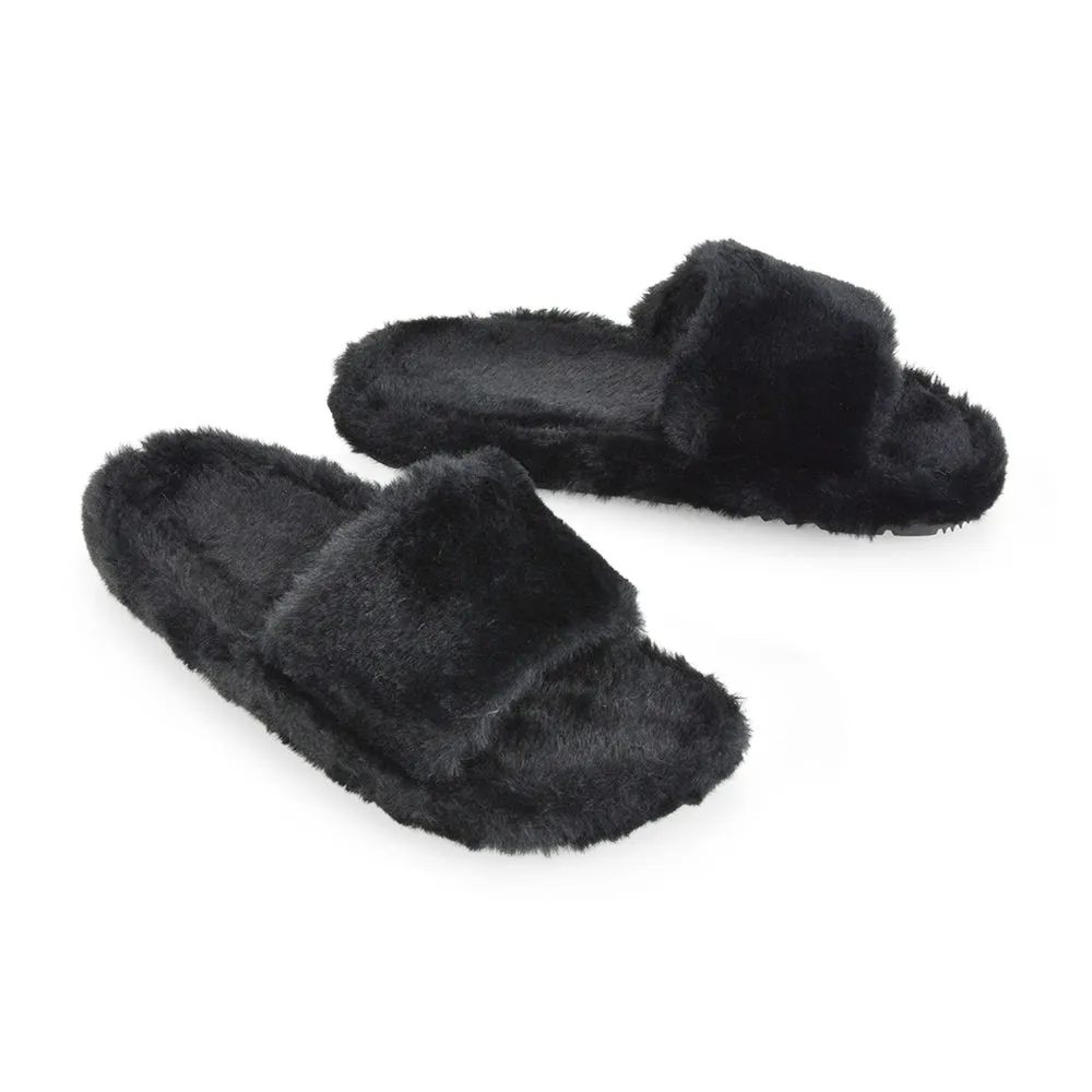 Tally Flat Fluffy Faux Fur Thick Front Strap Slider Women???s Slippers in Black