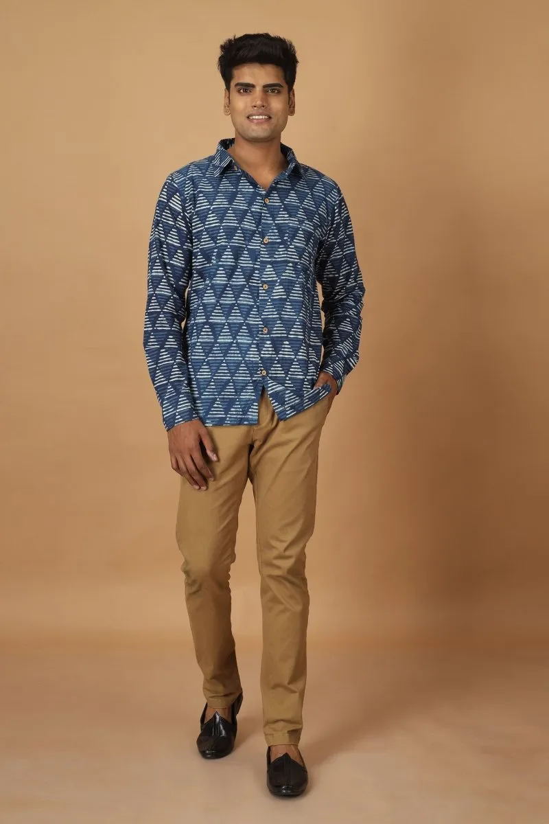 Trikona Dabu Indigo Mens Cotton Shirt