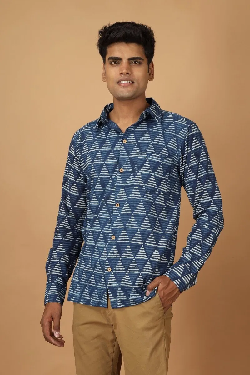 Trikona Dabu Indigo Mens Cotton Shirt