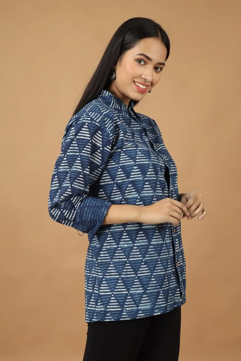 Trikona Dabu Indigo Womens Cotton Shirt