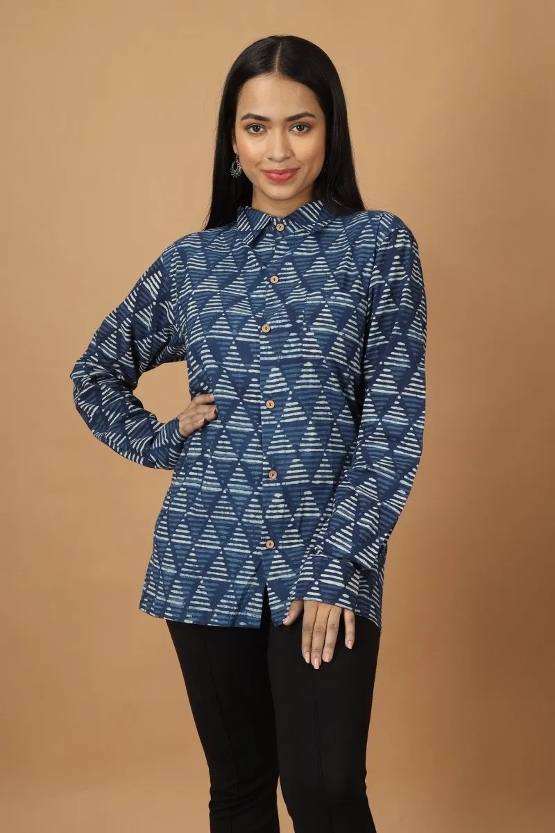 Trikona Dabu Indigo Womens Cotton Shirt