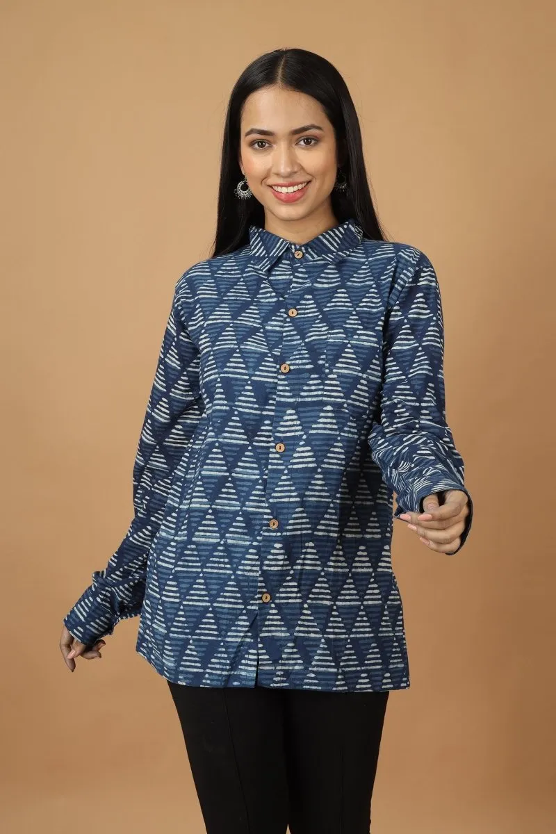 Trikona Dabu Indigo Womens Cotton Shirt