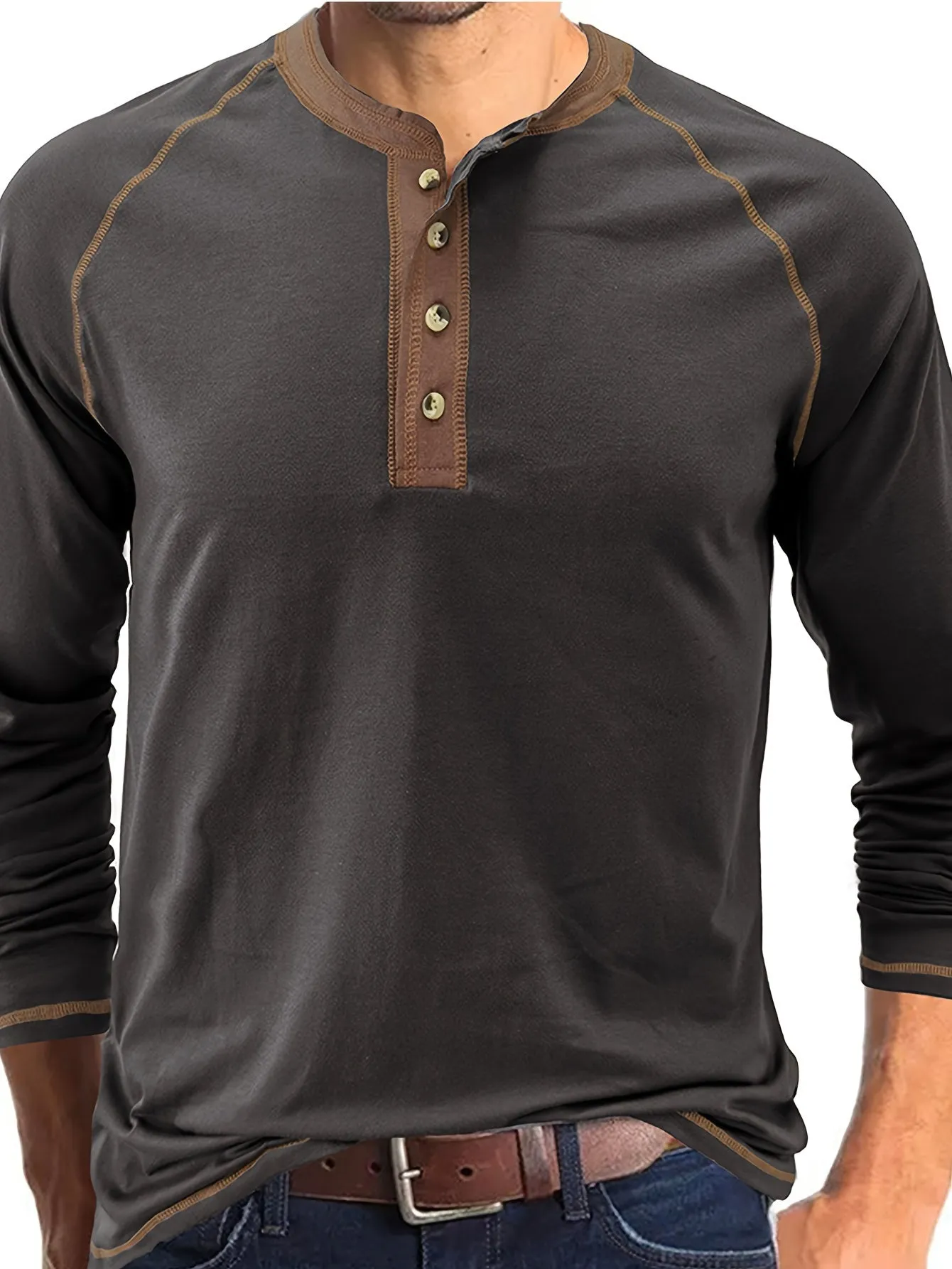 TruiGen - Heren Lange Mouw Henley Shirt met Contrasterende Stiksels en Knoopsluiting