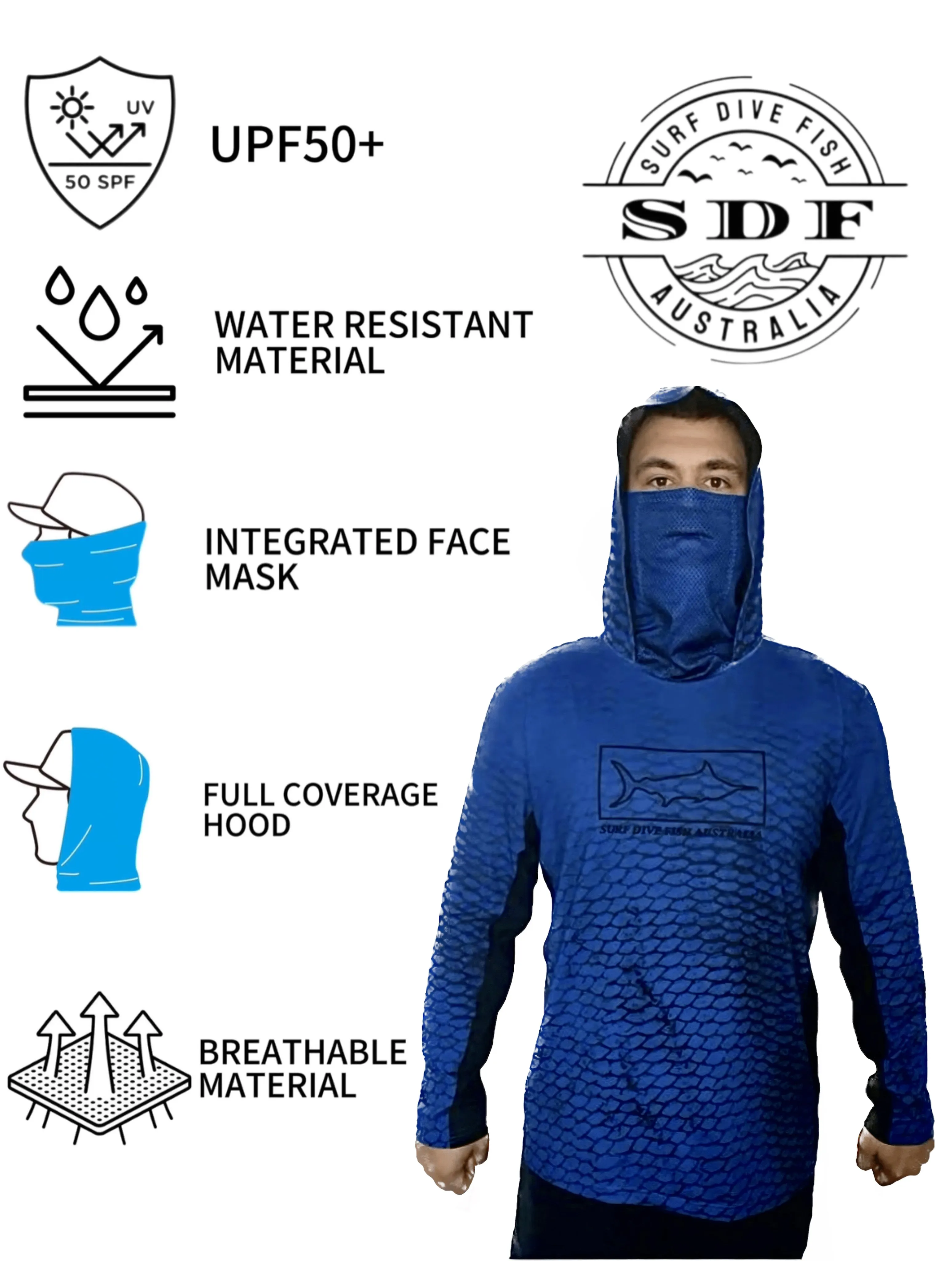 UV Fishing Shirt - UPF50  Long Sleeve sun protection clothing with gaiter mask and hood