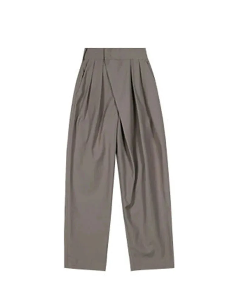 VAIGE Khaki Wide Leg Classic Baggy Trousers - High Waist Full Length Polyester Office Pants with Button and Pockets