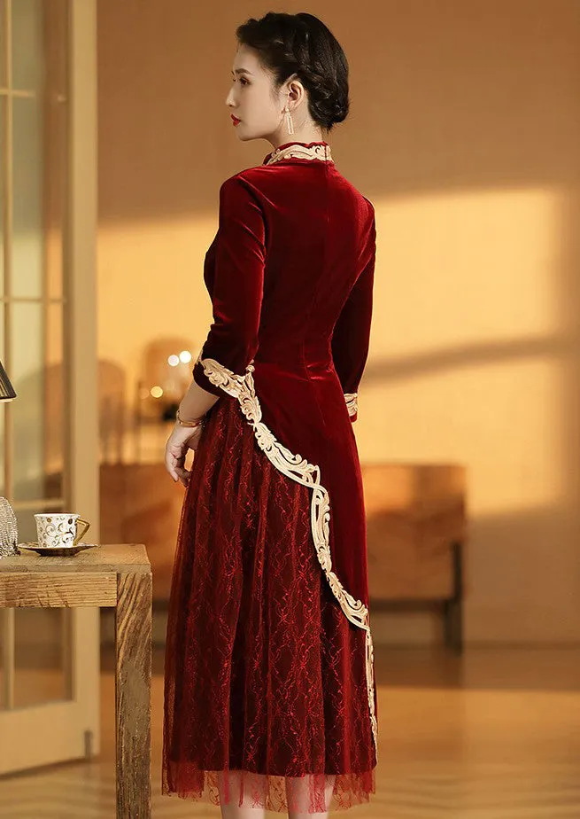 Velvet Cheongsam Top Chinese Dress with Lace Pleated Skirt & Floral Edge