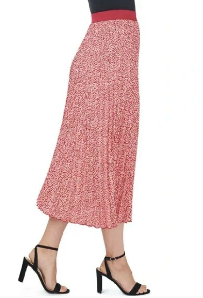 Vince Camuto Women's Red, Pink, & Ivory Pleated Elastic Waist Midi Skirt