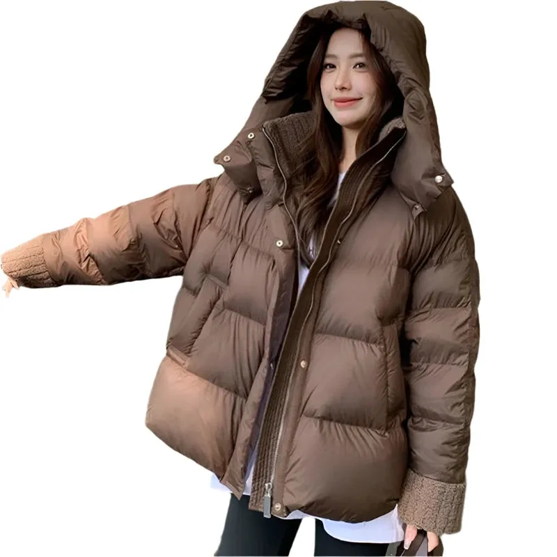 Vintage American Hooded Parka for Women – Brown Stand Collar Bread Jacket, Zipper-Up Cotton Winter Coat, Streetwear Style