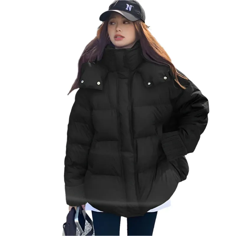 Vintage American Hooded Parka for Women – Brown Stand Collar Bread Jacket, Zipper-Up Cotton Winter Coat, Streetwear Style