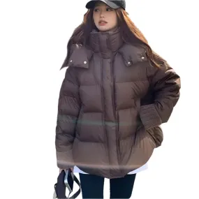 Vintage American Hooded Parka for Women – Brown Stand Collar Bread Jacket, Zipper-Up Cotton Winter Coat, Streetwear Style