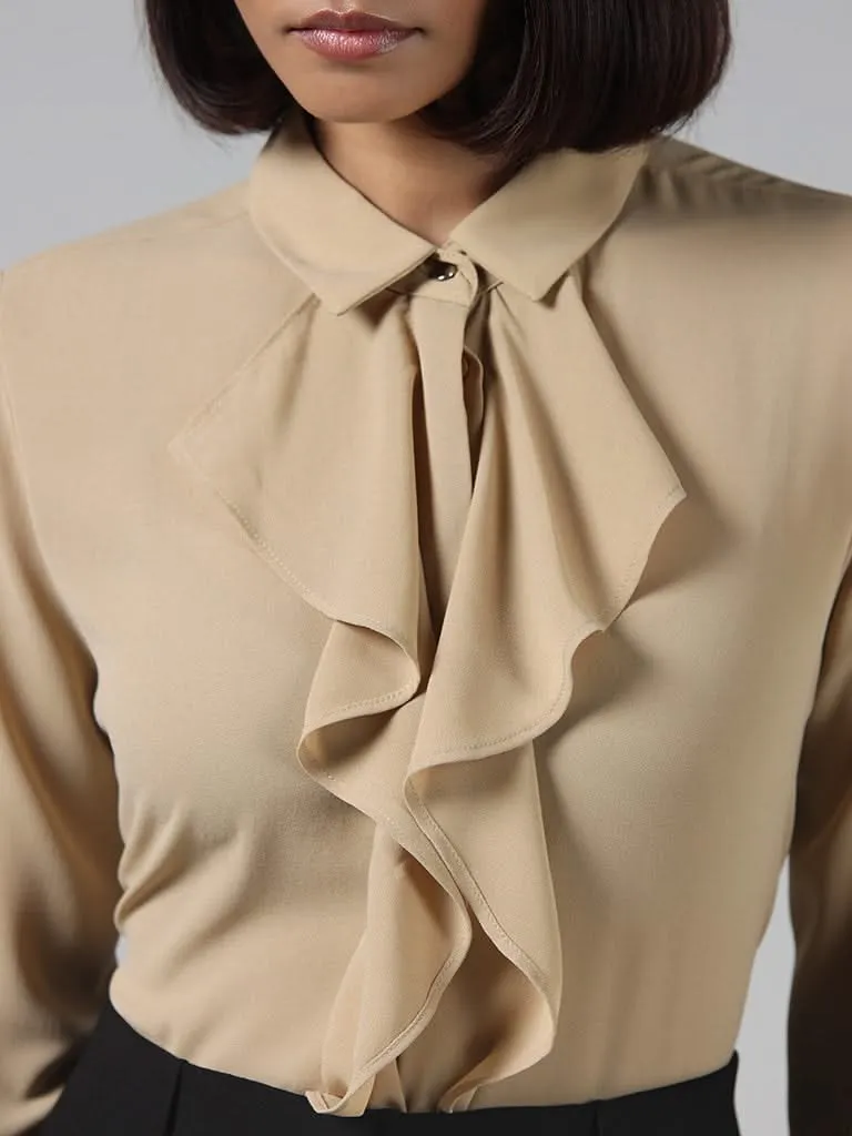 Wardrobe Solid Beige Ruffled Top