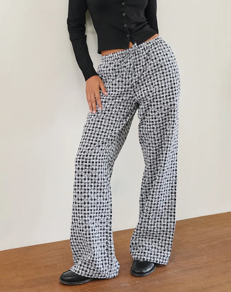 Wasic Wide Leg Linen Trouser in Floral Gingham Black