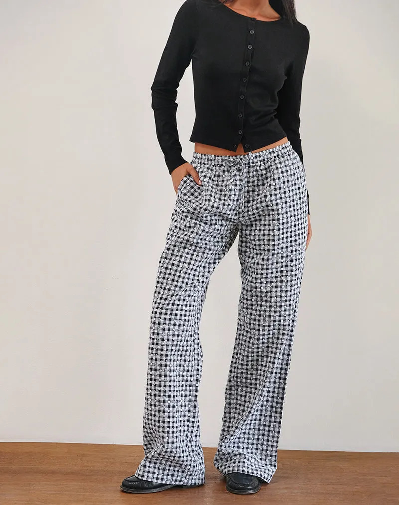 Wasic Wide Leg Linen Trouser in Floral Gingham Black