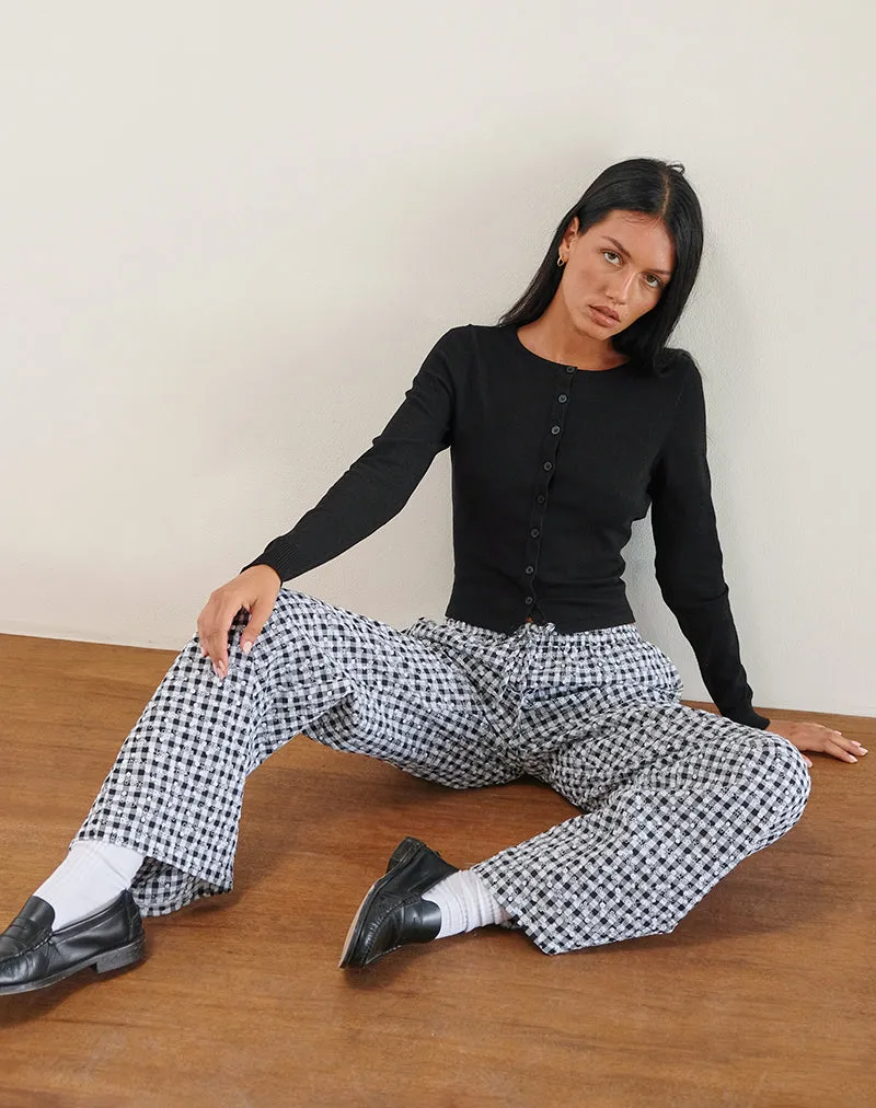 Wasic Wide Leg Linen Trouser in Floral Gingham Black