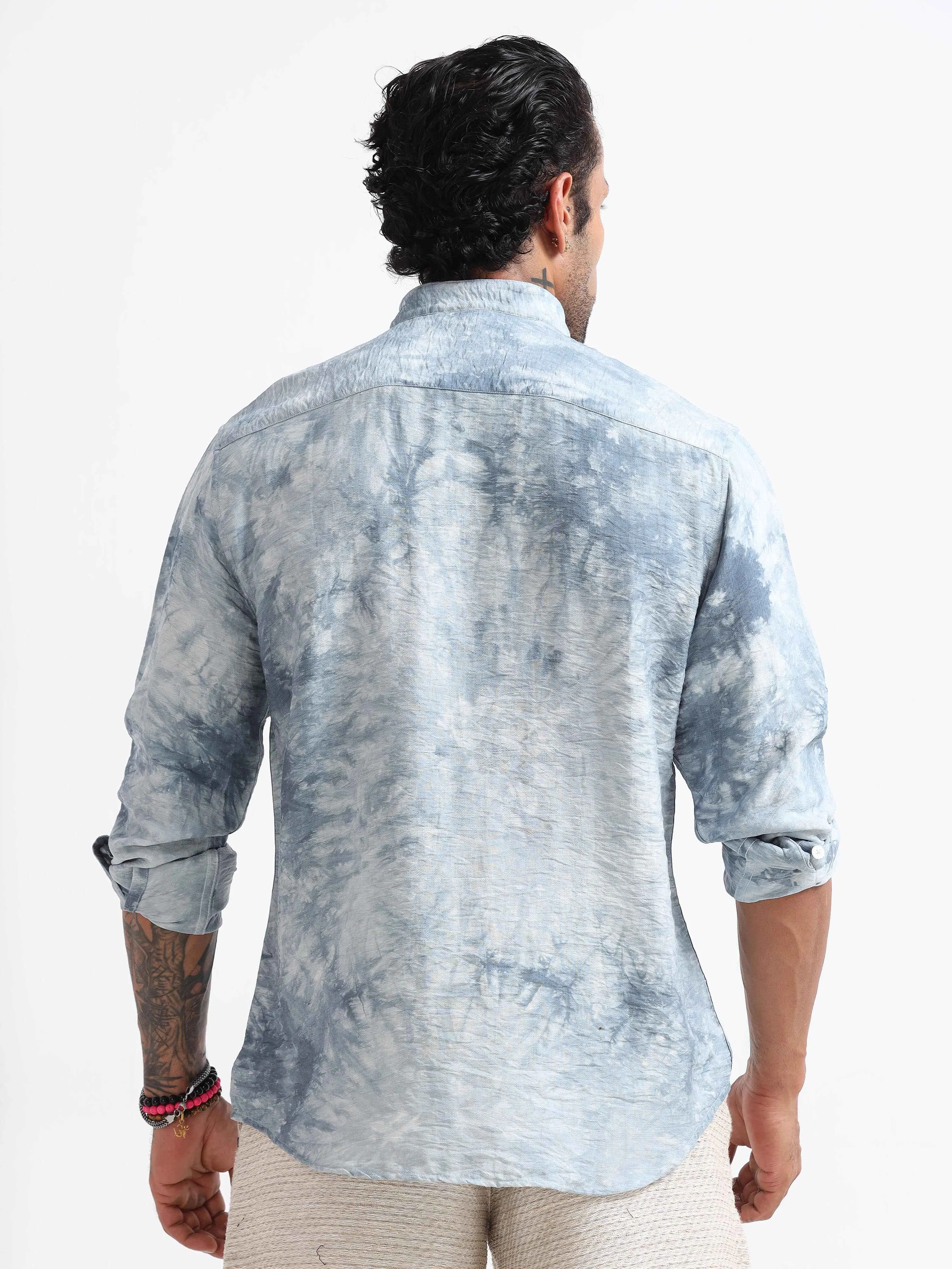 Whispering Waves Mandarin Shirt In Mid Blue