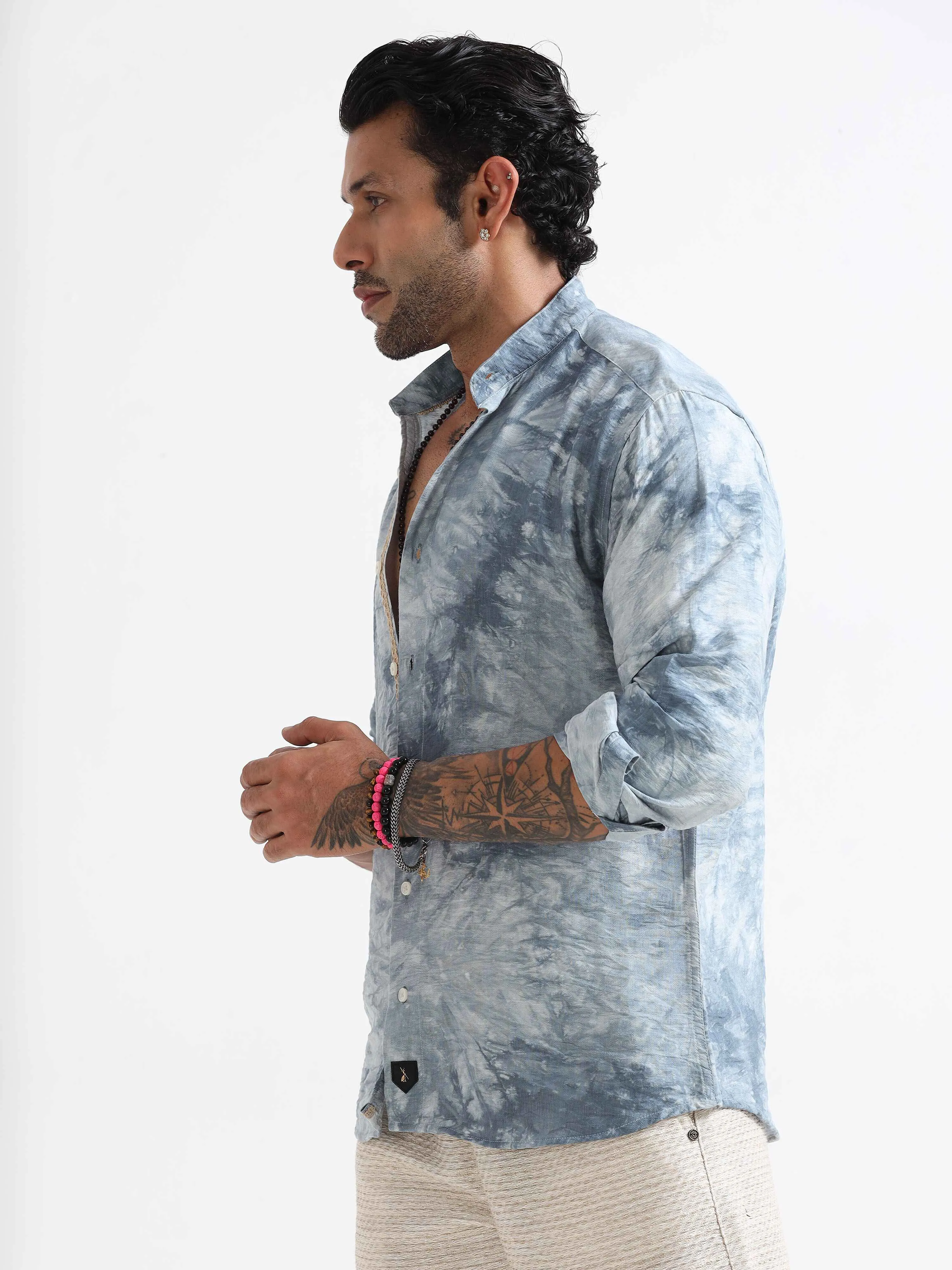 Whispering Waves Mandarin Shirt In Mid Blue