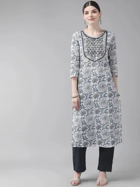 White & Navy-Blue Printed Kurta Set