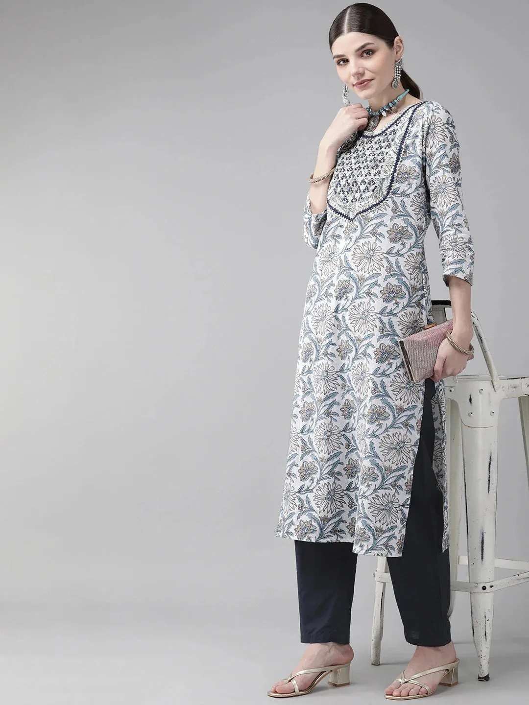 White & Navy-Blue Printed Kurta Set