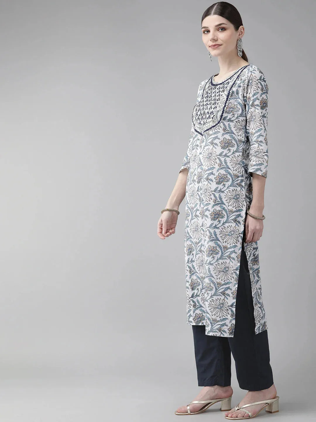 White & Navy-Blue Printed Kurta Set