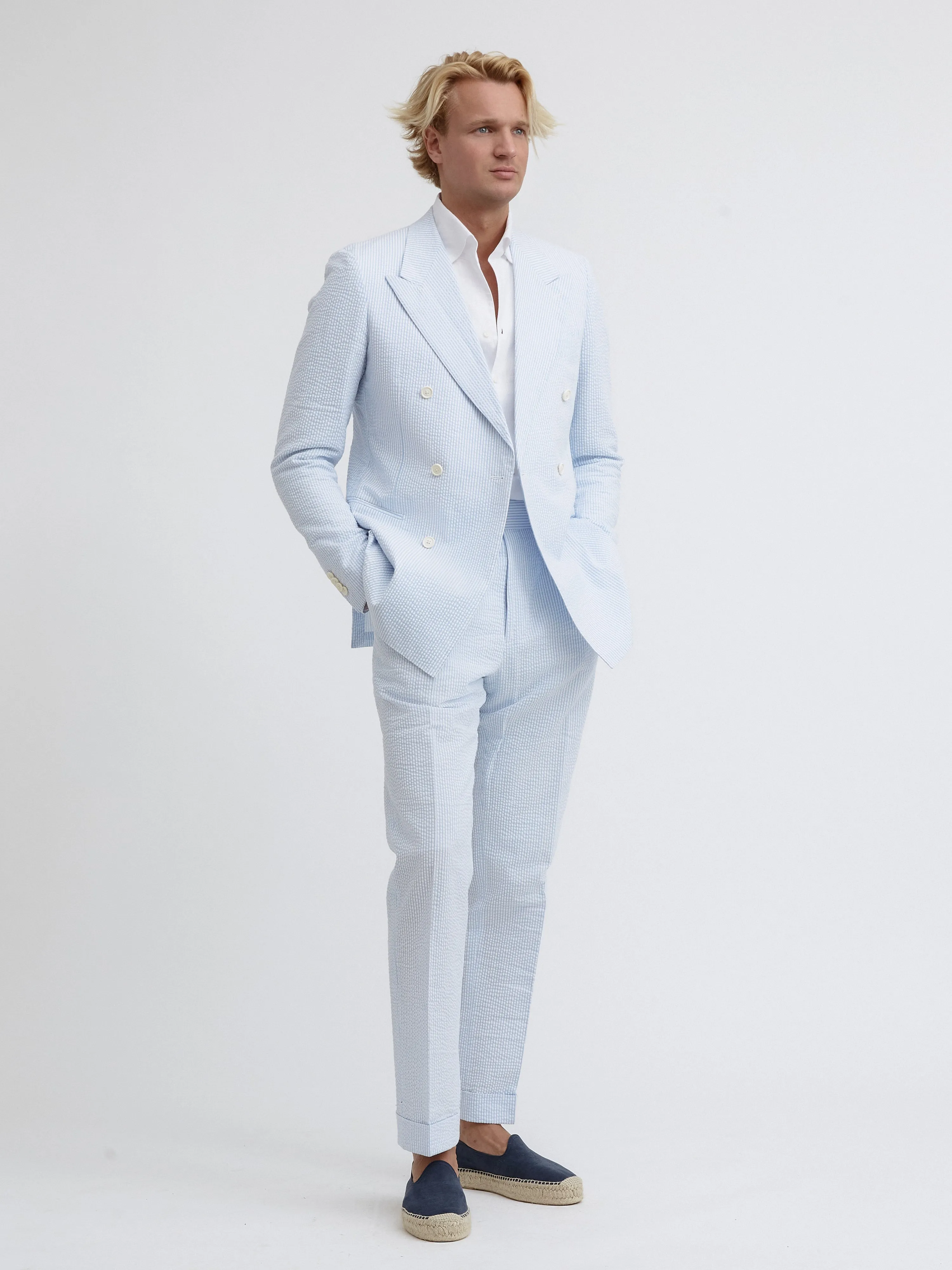 White Blue Striped Seersucker Suit