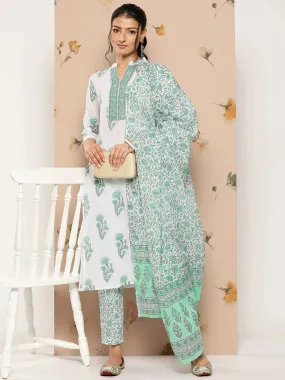 White Floral Cotton Kurta Dupatta Set