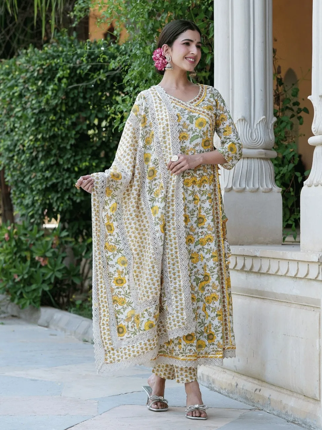 White Floral Printed Angrakha Pure Cotton Kurta With Trousers & Dupatta Set