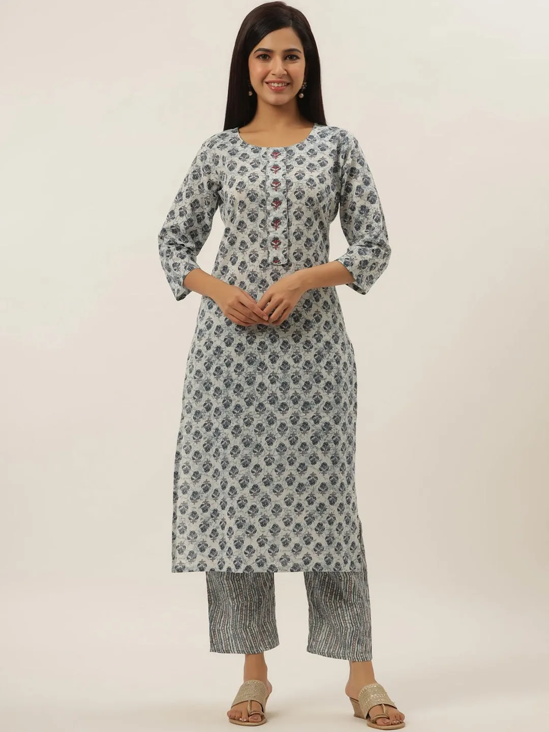 White Printed Cotton Kurta Set