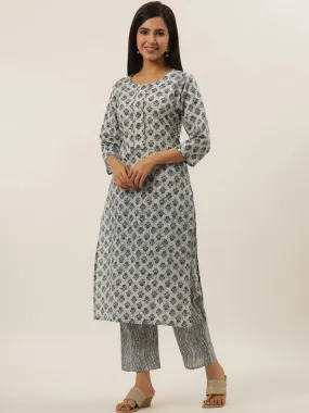 White Printed Cotton Kurta Set