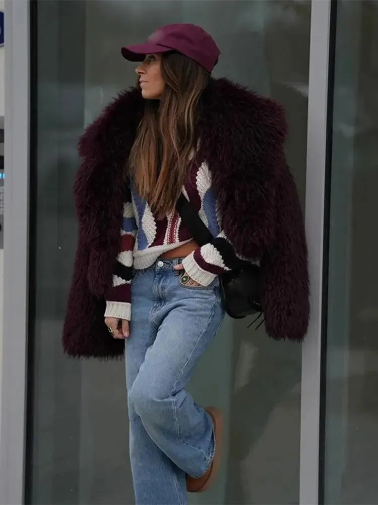 Wine red classy Faux Fur Jacket Coat