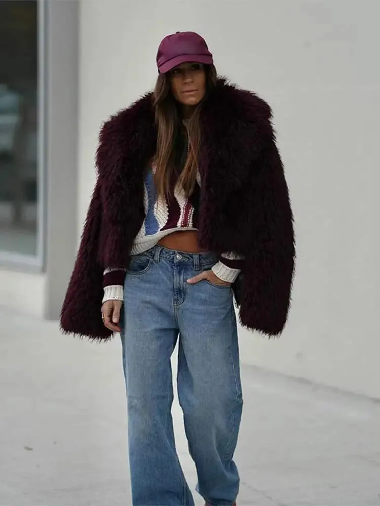 Wine red classy Faux Fur Jacket Coat