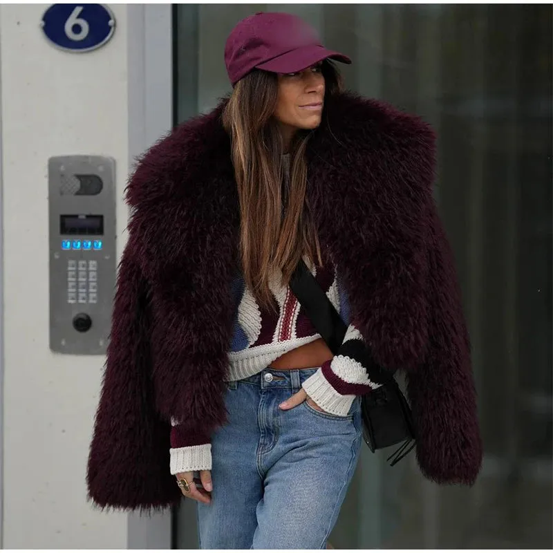 Wine red classy Faux Fur Jacket Coat