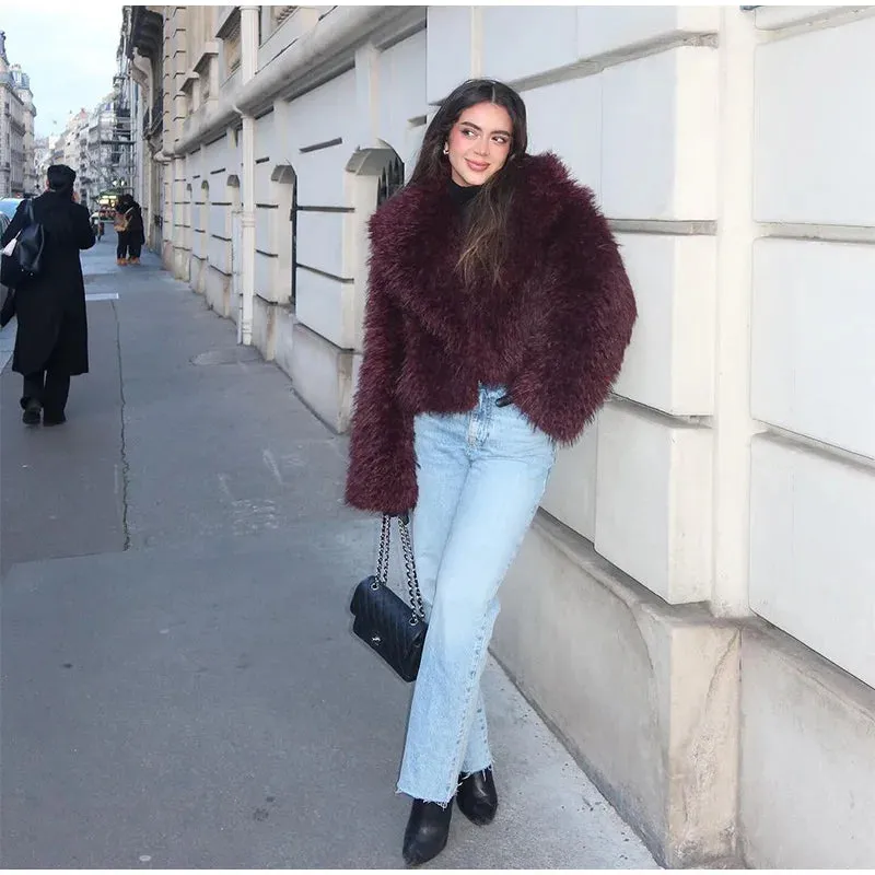 Wine red classy Faux Fur Jacket Coat