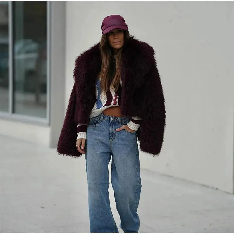 Wine red classy Faux Fur Jacket Coat