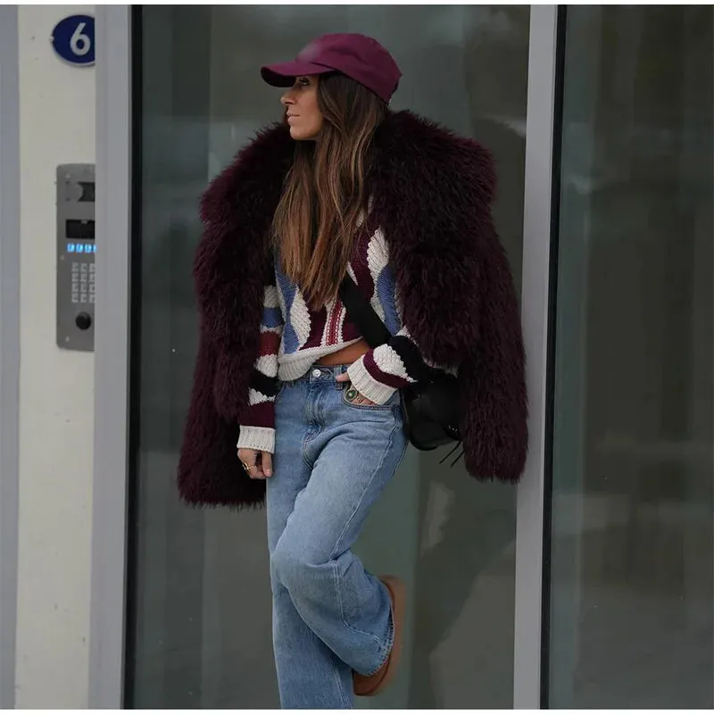 Wine red classy Faux Fur Jacket Coat