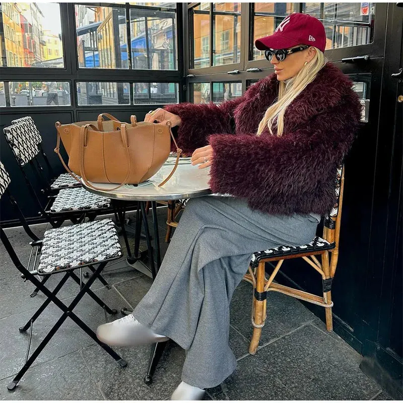 Wine red classy Faux Fur Jacket Coat